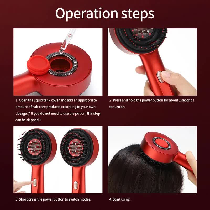 Red Luxury Red-Light Therapy Electric Scalp Massager Comb with Liquid Applicator - 3 Modes Vibration for Hair Growth & Relaxation