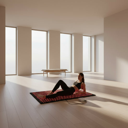 LED therapy mat with digital display and person lying on it, Kemoko brand visible