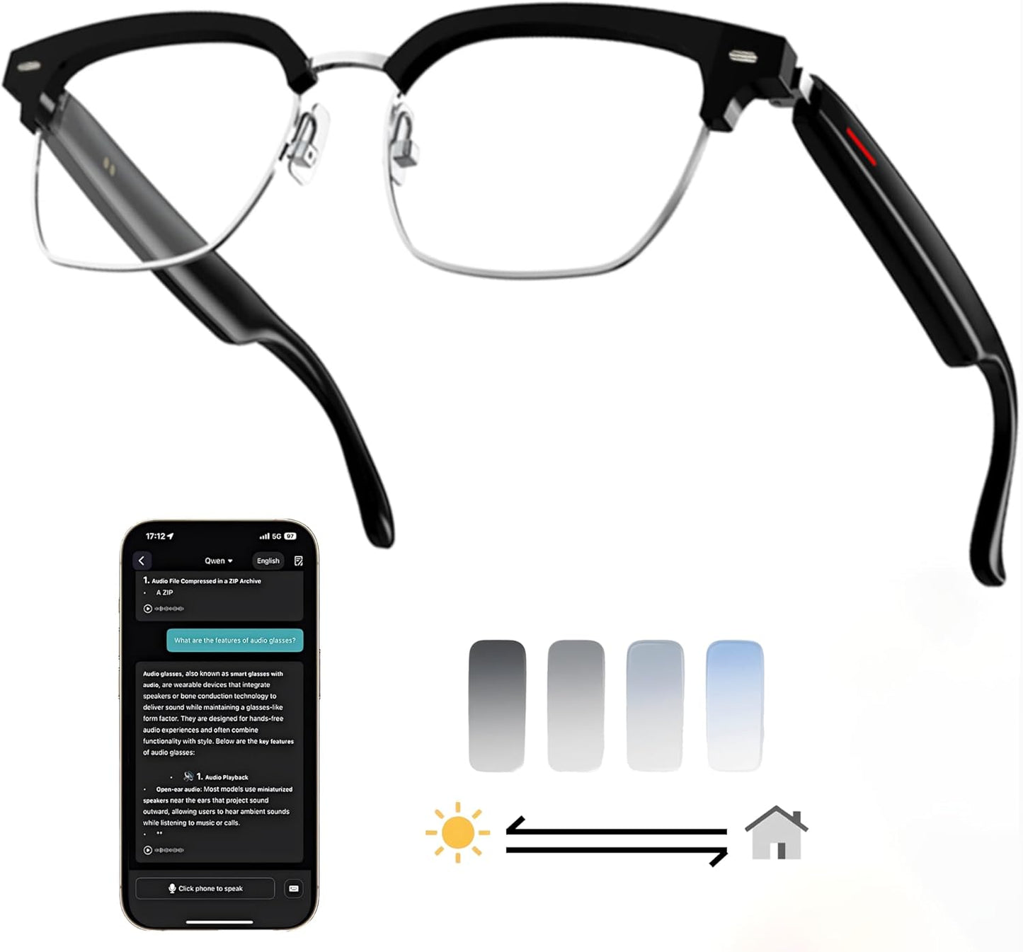 AI Smart Translation Glasses: 110+ Languages, Photochromic Lenses, Bluetooth – Ideal for Travel, Business & Daily Use（black）