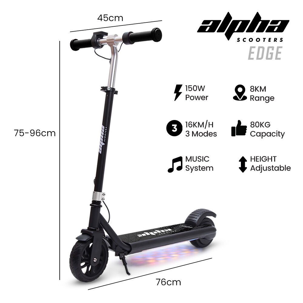 ALPHA Edge Electric Scooter, Kids & Teens, Adjustable Handlebars, 3 Speed Modes, Dual Foot E-Brake, Bluetooth Music, LED, Black