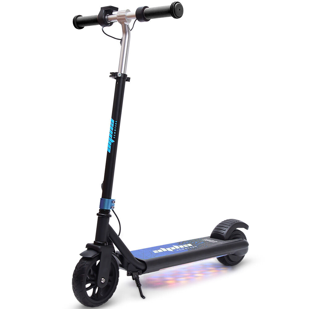 ALPHA Edge Electric Scooter, Kids & Teens, Adjustable Handlebars, 3 Speed Modes, Dual Foot E-Brake, Bluetooth Music, LED, Blue