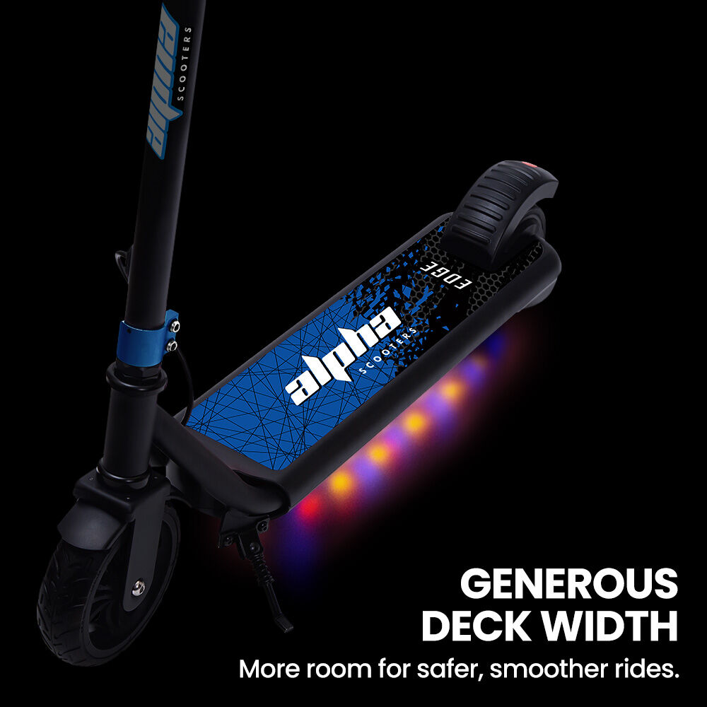 ALPHA Edge Electric Scooter, Kids & Teens, Adjustable Handlebars, 3 Speed Modes, Dual Foot E-Brake, Bluetooth Music, LED, Blue