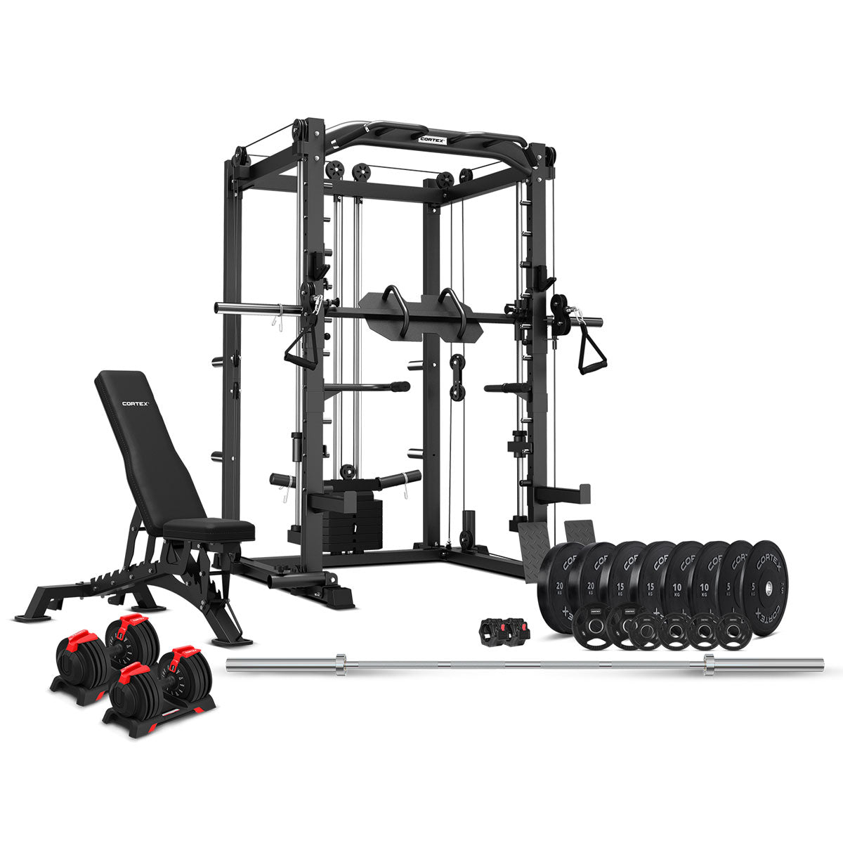 CORTEX SM20 Smith Station Ultimate Set with Olympic Bumper Weights, 48kg Revolock and Bench Set
