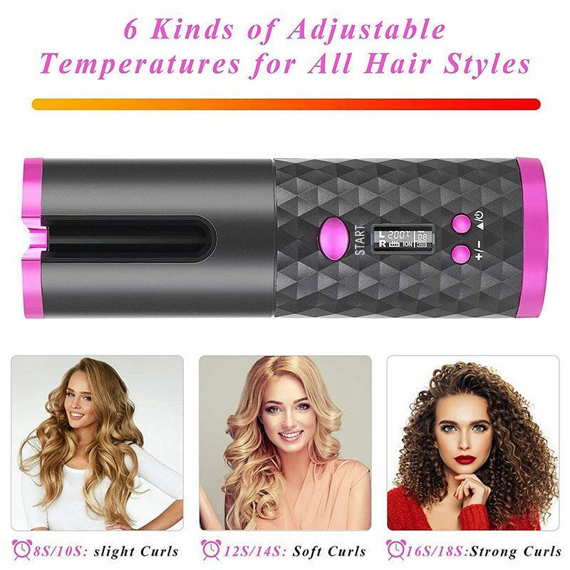 Lcd Cordless Auto Rotating Hair Curler Hair Waver Curling Iron Wireless Ceramic - Grey