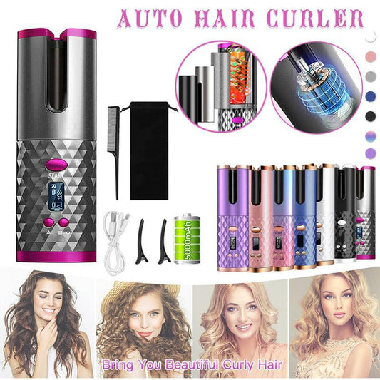 Lcd Cordless Auto Rotating Hair Curler Hair Waver Curling Iron Wireless Ceramic - Pink