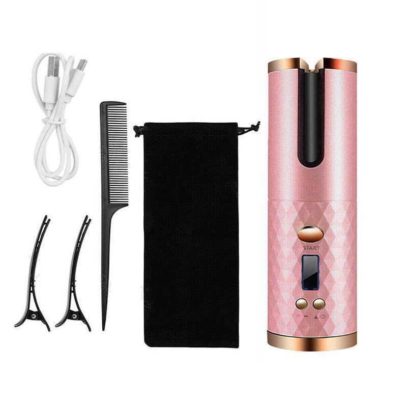 Lcd Cordless Auto Rotating Hair Curler Hair Waver Curling Iron Wireless Ceramic - Pink
