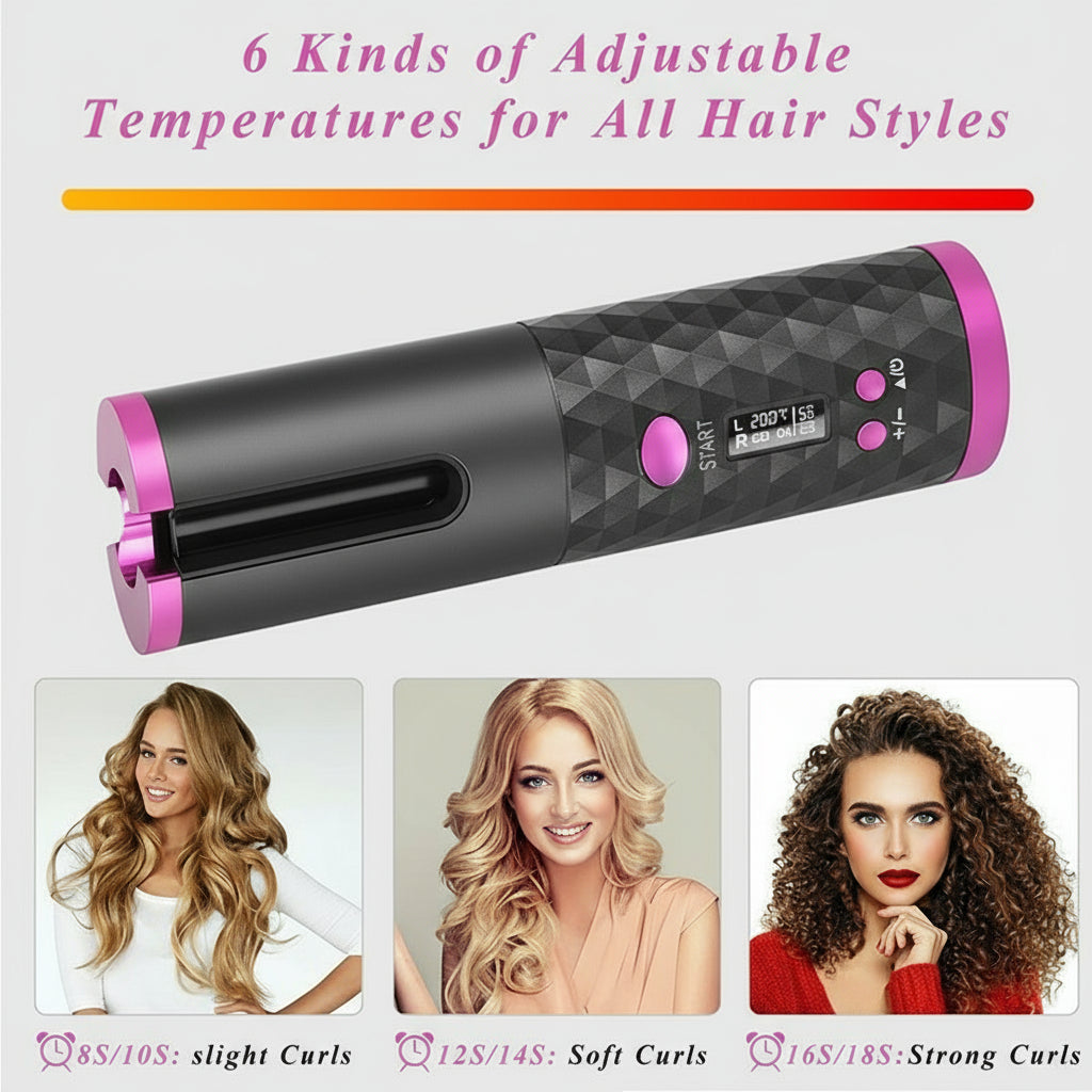 Effortless Curls Anywhere – LCD Cordless Auto Rotating Hair Curler