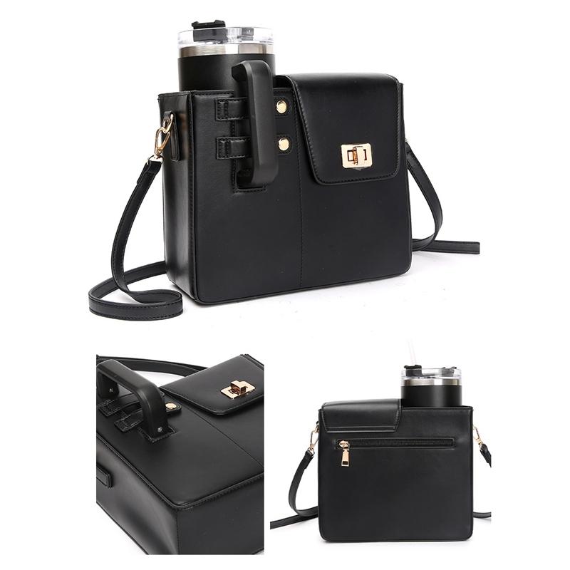 Leather Shoulder Bag For Water Bottles Fits Most Brands - Black