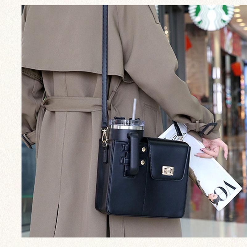 Leather Shoulder Bag For Water Bottles Fits Most Brands - Black