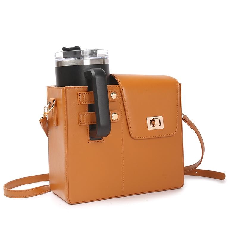 Leather Shoulder Bag For Water Bottles Fits Most Brands - Brown