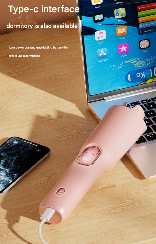 White Portable Cordless Hair Curler - USB-C Rechargeable Automatic Hair Waver with Ceramic Barrel & Anti-Scald Design