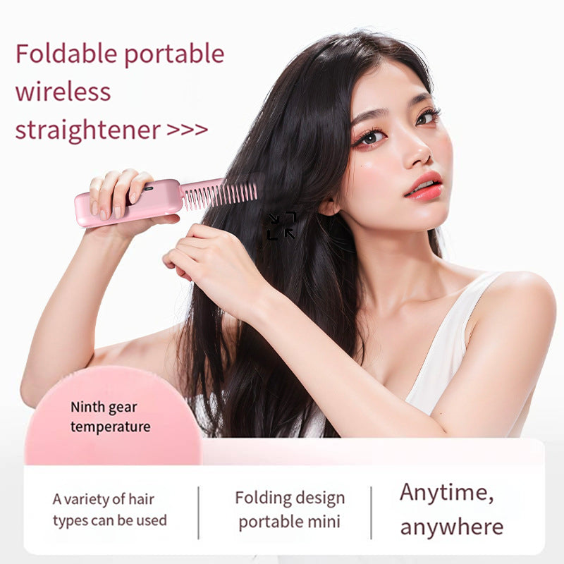 Pink Portable Foldable Cordless Hair Straightener Comb - 2-in-1 Ionic Styling for Smooth, Frizz-Free Hair